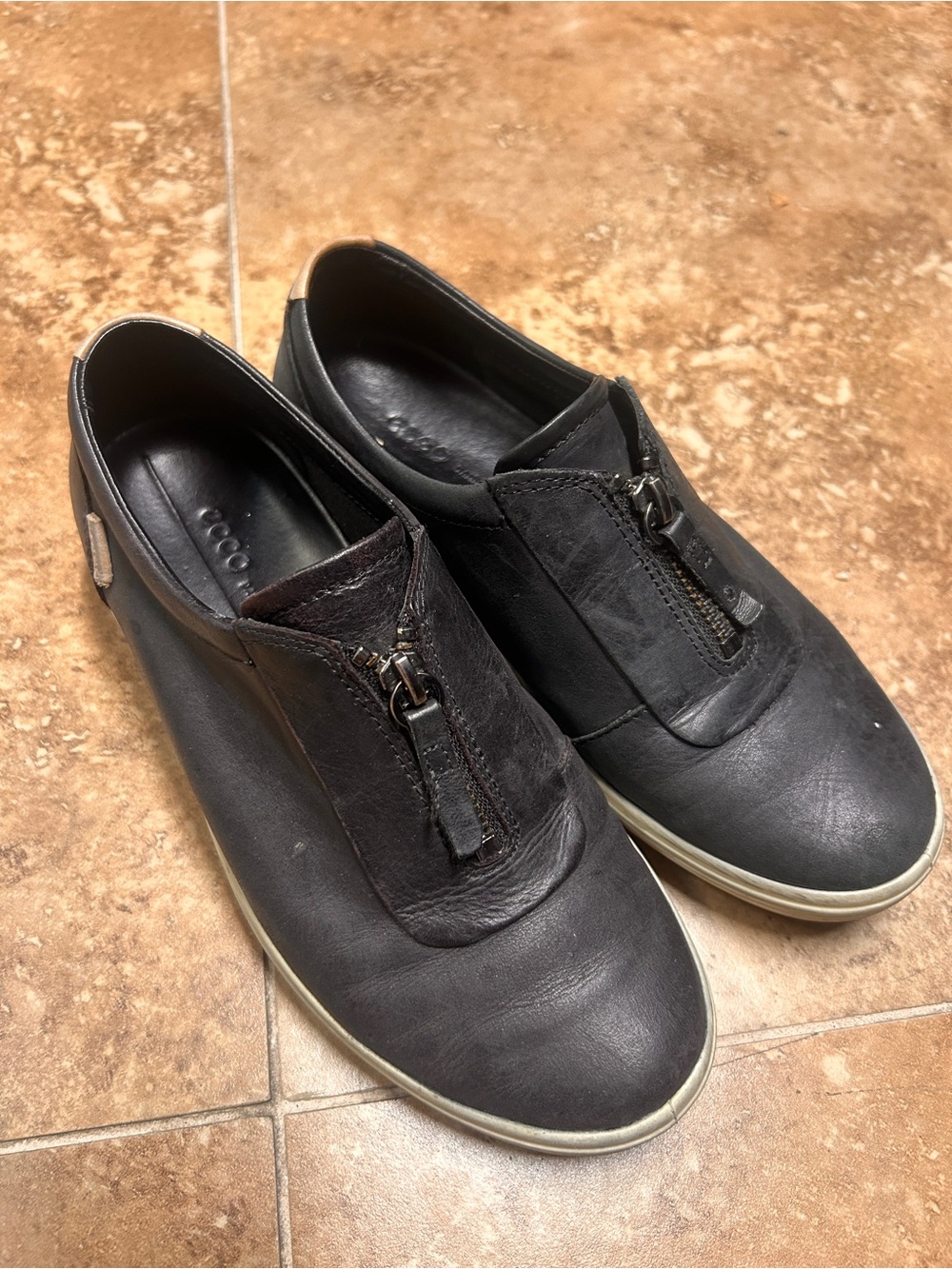 Ecco Black Leather Zip-Front Slip-On Loafers
